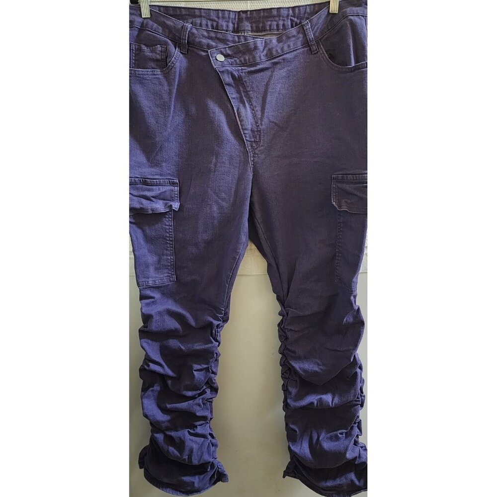 SHEIN CURVE PURPLE CRISS-CROSS-ZIPPER-FLY RUCHED STRETCH CARGO DENIM